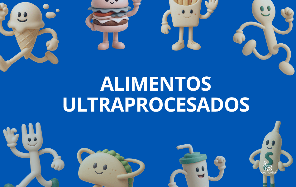 Collage de comida rápida (hamburguesa, papas fritas, refresco, nuggets, dona, galletas) con el texto "Alimentos Ultraprocesados" superpuesto, logo de Novo Nordisk Generado con IA