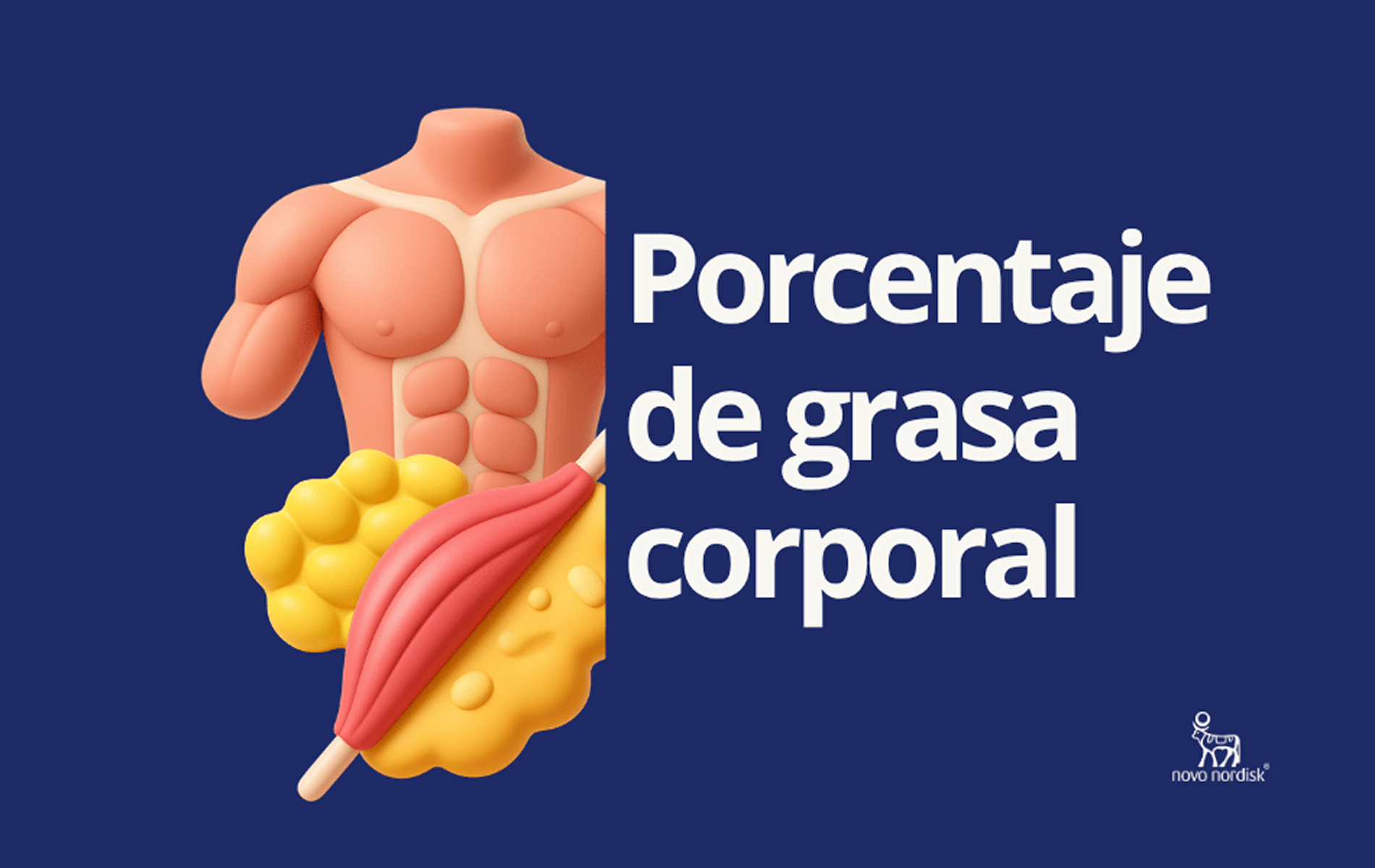 Ilustración de una mujer midiendo la grasa de su abdomen con un caliper, junto al texto "¿Qué es la grasa corporal?", logo de Novo Nordisk