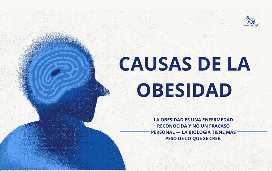 Silueta de persona explicando las causas de la obesidad y cómo combatirlas en color azul