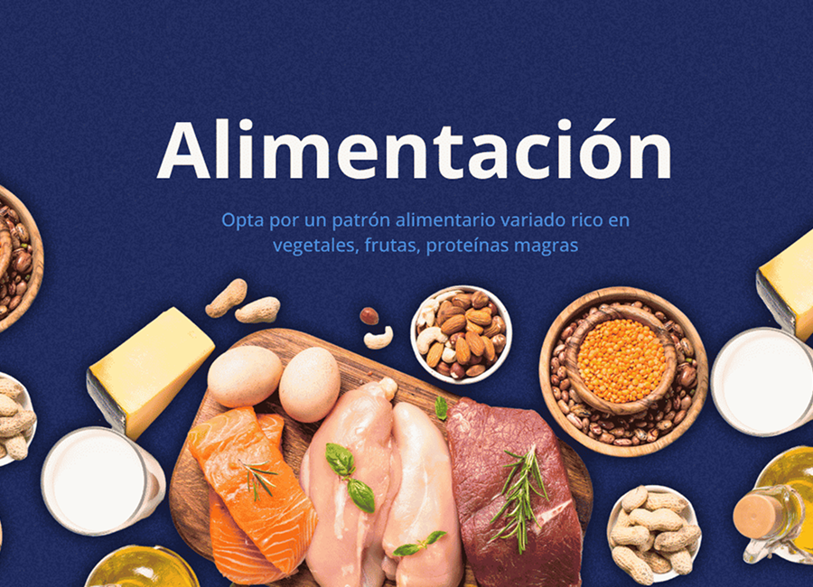 Plato con diferentes alimentos, desde granos, proteina, y lacteos para una alimentacion proporcionada, que favorece el control de peso