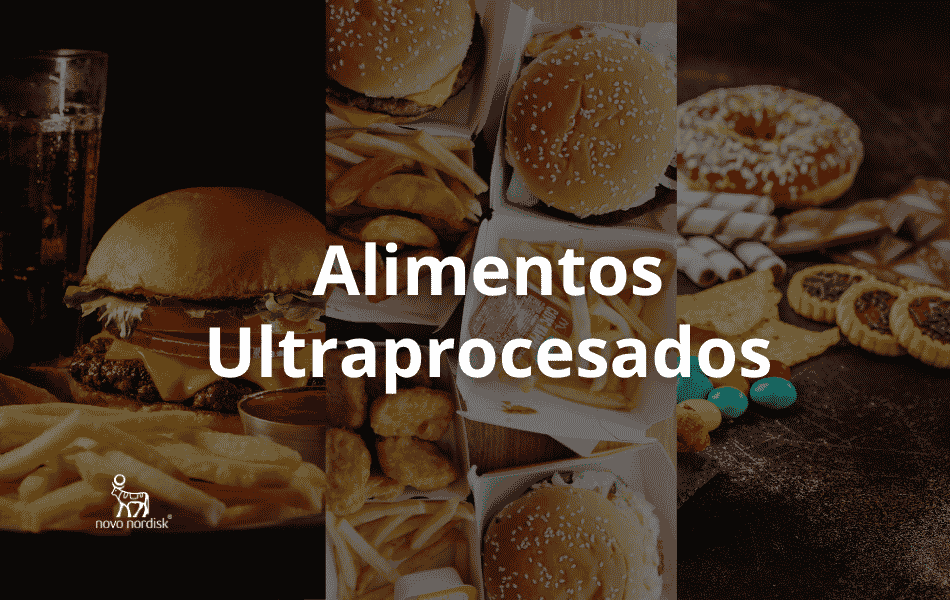 Ilustración de personajes animados con forma de comida chatarra (helado, hamburguesa, papas fritas, taco, bebida) sonrientes alrededor del texto "Alimentos Ultraprocesados", logo de Novo Nordisk