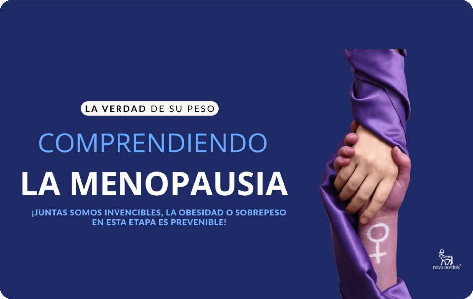 Dos manos de mujeres sosteniendose con una tela morada, lo que representa la comprension de la obesidad y la menopausia