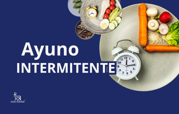 Reloj despertador sobre un plato blanco junto a cubiertos y una cinta métrica, con el texto "El ayuno intermitente no es para todo el mundo. Consulta con un médico"