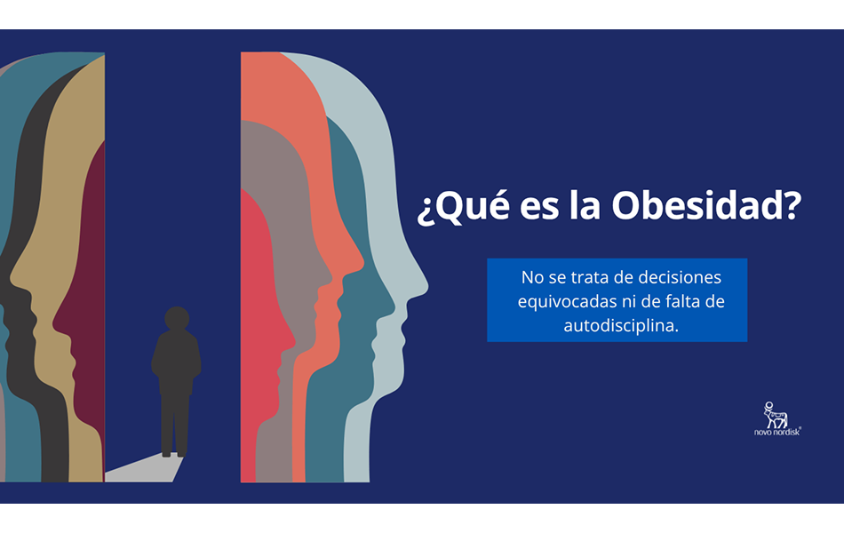 Varias siluetas de rostro y una persona en el medio entendiendo que es la obesidad en españa