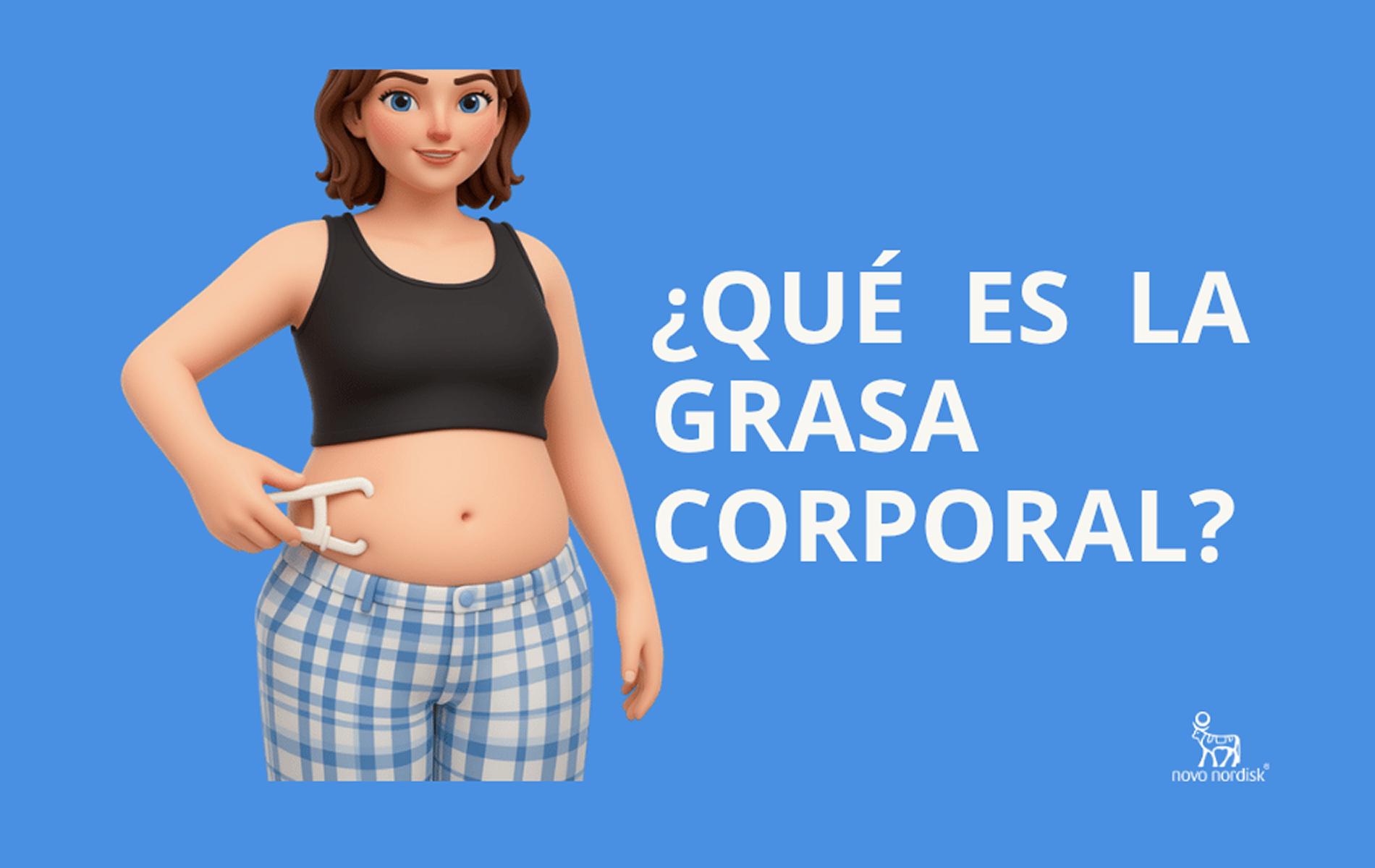 Ilustración de un torso masculino mostrando la mitad con músculo definido y la otra mitad con capas de grasa y músculo, junto al texto "Porcentaje de grasa corporal", logo de Novo Nordisk