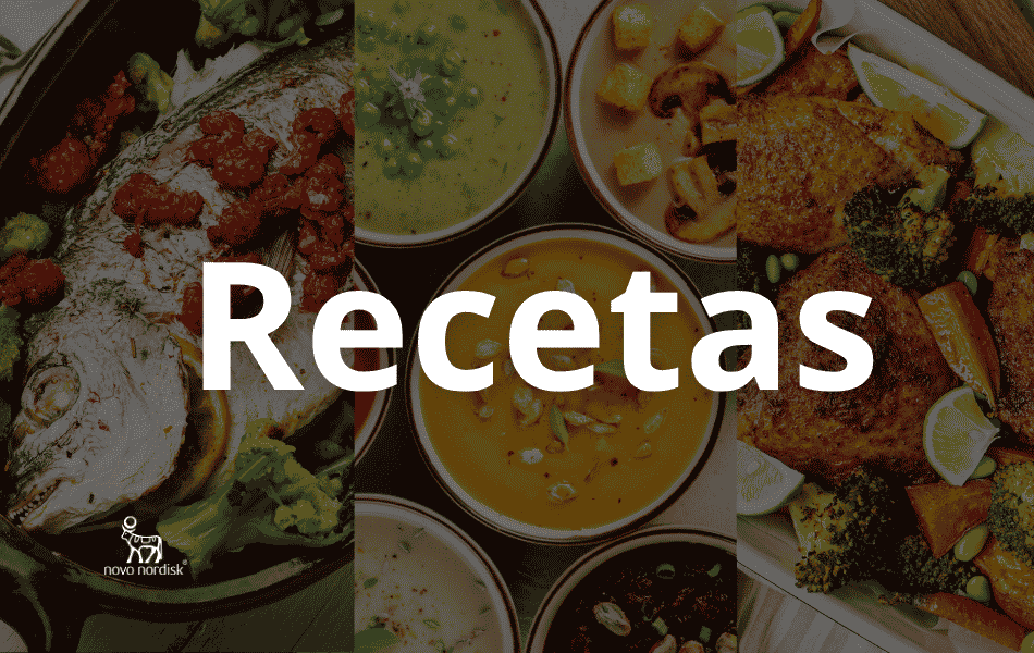 Collage de fotografías de platos saludables (pescado, sopas, pollo con verduras) con el texto "Recetas" superpuesto, logo de Novo Nordisk