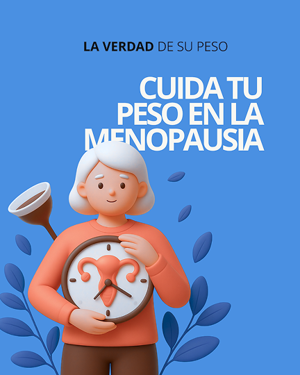 Una mujer mayor en etapa de menopausia con un reloj biologico en las manos ayudando a explicar como cuidarse de la obesidad